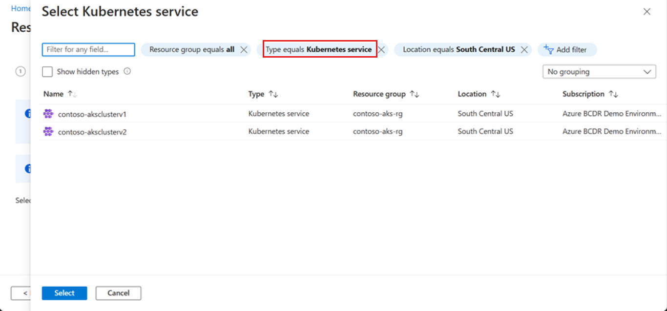 Screenshot shows selection of parameter Kubernetes Service.