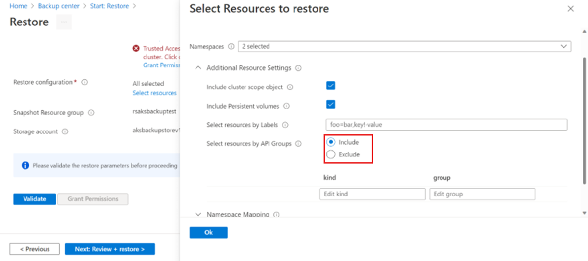 Screenshot shows the usage of API for restore.