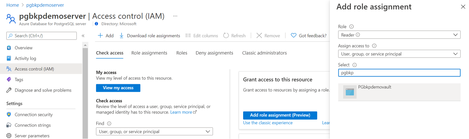 Screenshot showing the option to set Backup vault’s M S I Reader access on the Azure PostgreSQL server.