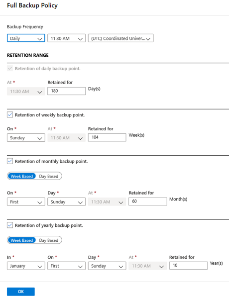 Screenshot that shows how to configure the backup frequency.