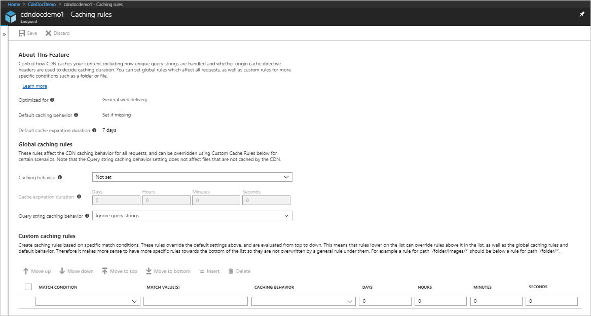 Screenshot of content delivery network Caching rules page.