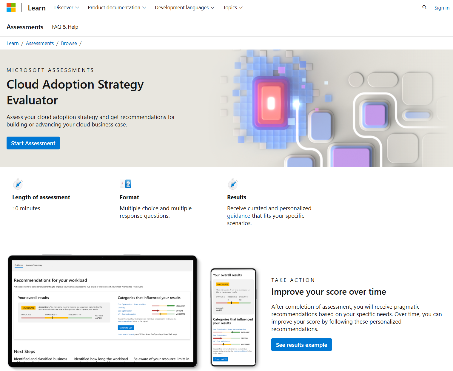 A screenshot that shows the Cloud Adoption Strategy Evaluator assessment.