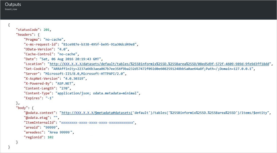 Outputs from "Insert row" action