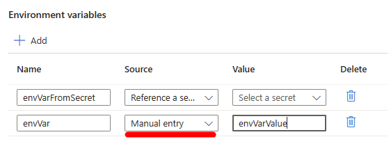 Screenshot of Container App Revision container image environment settings section with one of the environments source selected as Manual.