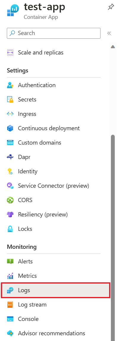 Screenshot demonstrating where to find the logs for your container app.