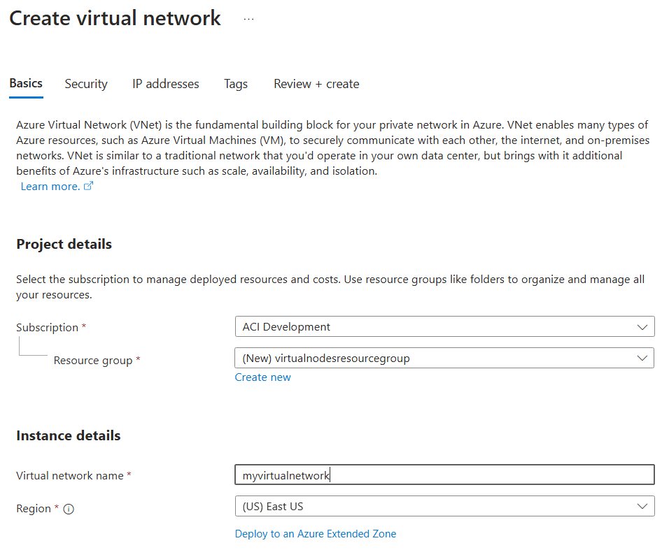 Screenshot showing how to configure the Basics page for virtual network creation in the Azure portal.