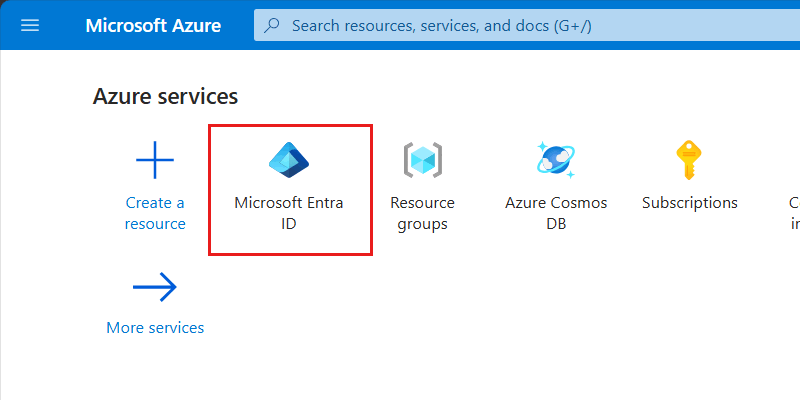 Screenshot of the Microsoft Entra ID option in the 'Home' page of the Azure portal.