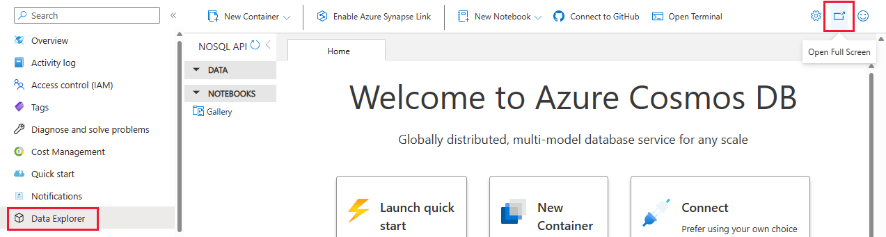 Screenshot of the Data Explorer page with the 'Open Full Screen' option highlighted.