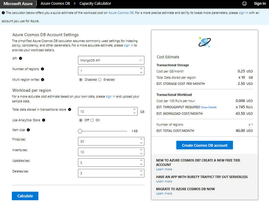 Capacity planner basic mode