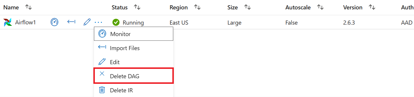 Screenshot that shows the Delete DAG button.