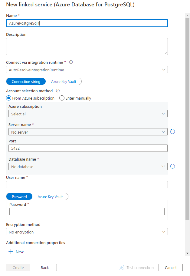 Configure a linked service to Azure database for PostgreSQL.