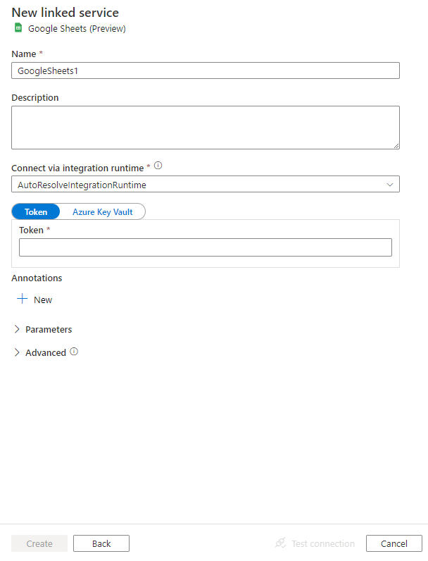 Screenshot of configuration for Google Sheets linked service.