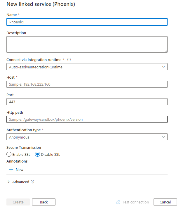 Screenshot of linked service configuration for Phoenix.