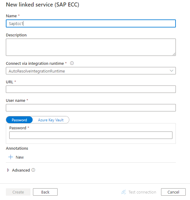 Screenshot of linked service configuration for SAP ECC.