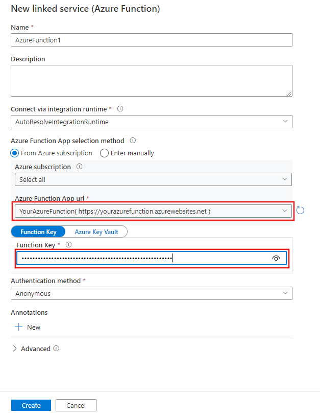 Shows the new Azure Function linked service creation pane.