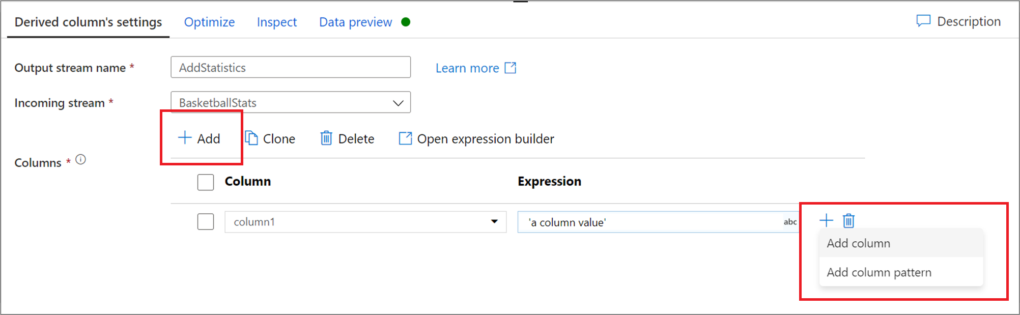 New derived column selection