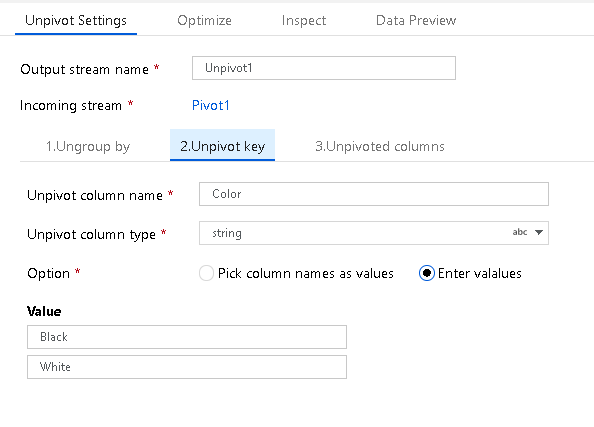 Screenshot shows the Unpivot Settings with the Unpivot key tab selected.