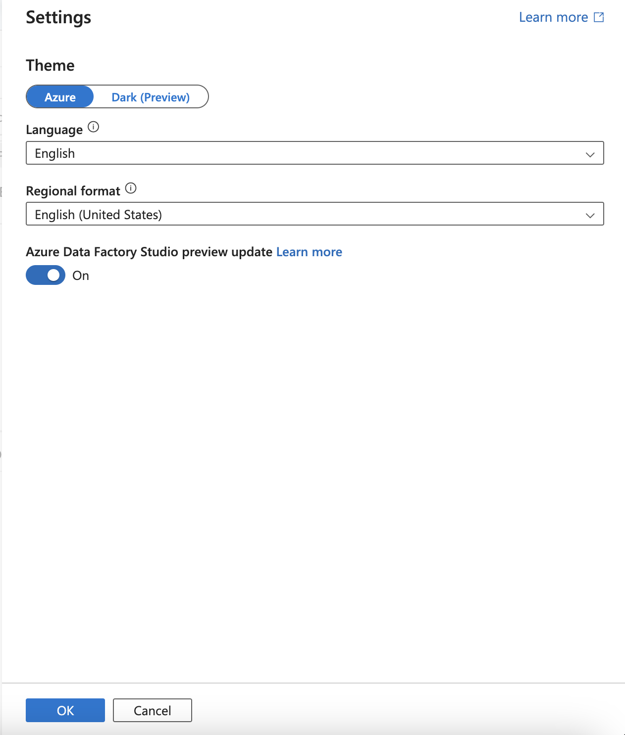 Screenshot of settings flyout with three setting options.