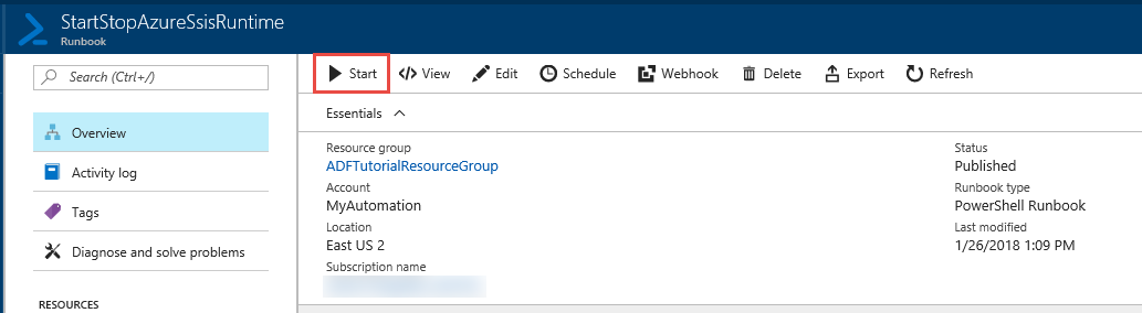 Screenshot that shows the button for starting a runbook.