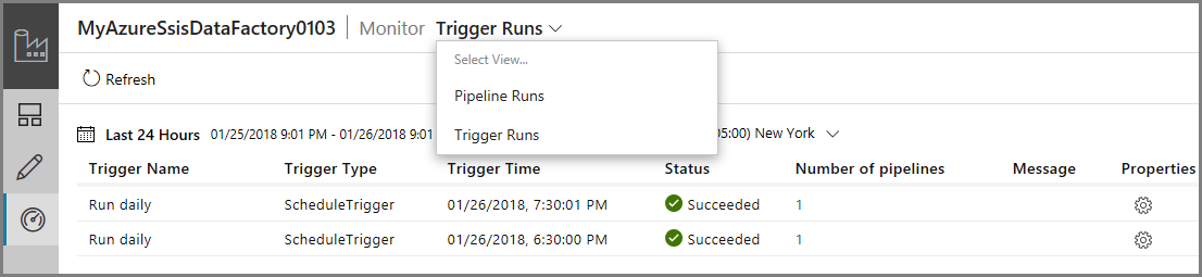 Screenshot that shows trigger runs.