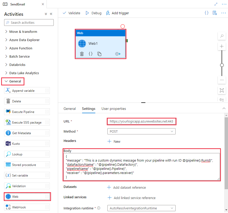 Shows a pipeline with a Web activity configured with the logic app workflow URL and JSON message body.