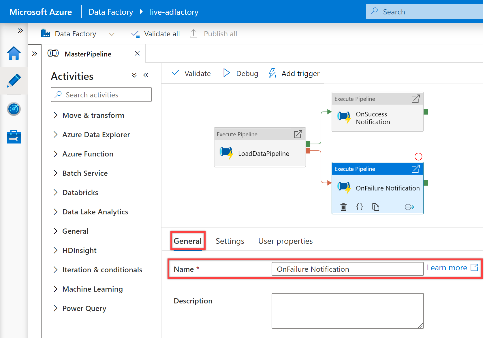 Shows the third &quot;Execute pipeline&quot; activity &quot;OnFailure Notification&quot; general pane for &quot;NotifyTeamsChannelPipeline&quot; pipeline.