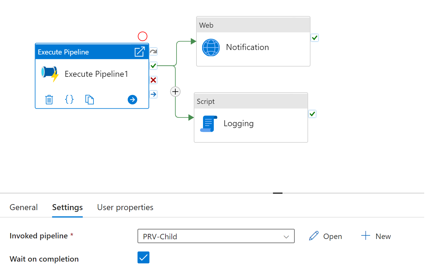 Screenshot setting ExecutePipeline Activity to wait for completion.