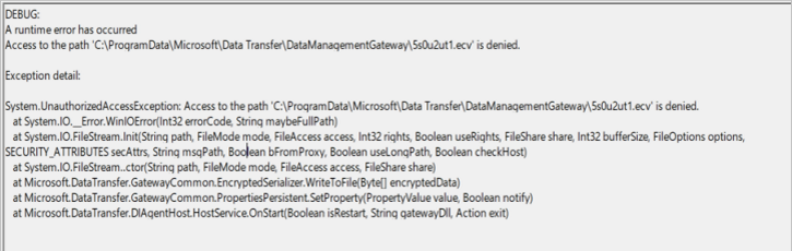 Screenshot of the IR event log, showing that a runtime error has occurred.