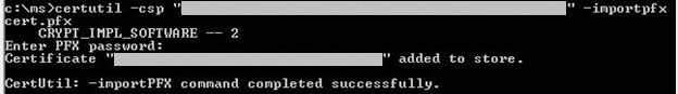 Screenshot of the certutil command for importing the certificate.