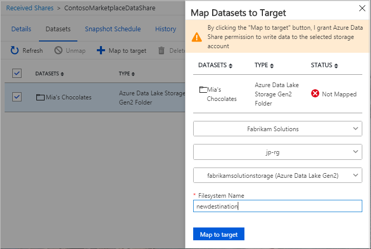 Screenshot of the map datasets to target window, showing a filesystem name given.