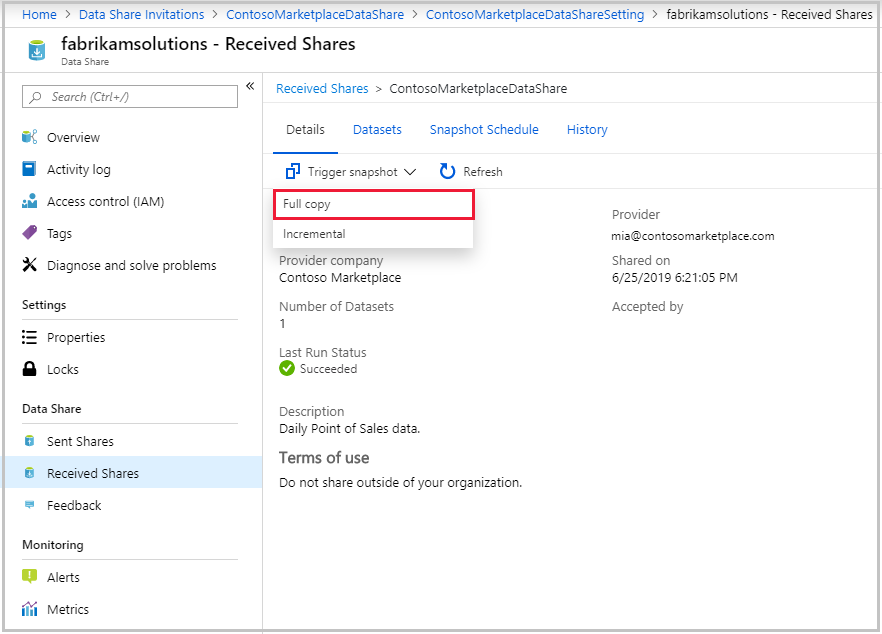 Screenshot of the received shares page, showing the trigger snapshot dropdown selected and the full copy option highlighted.