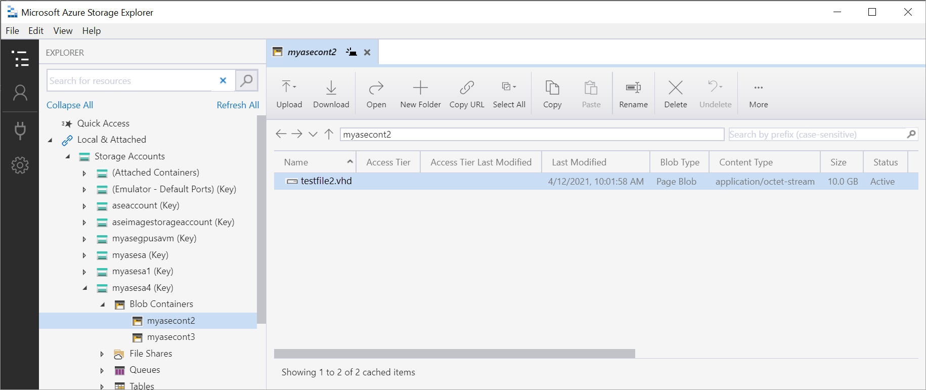 Storage Explorer showing the backup in the container in local storage account