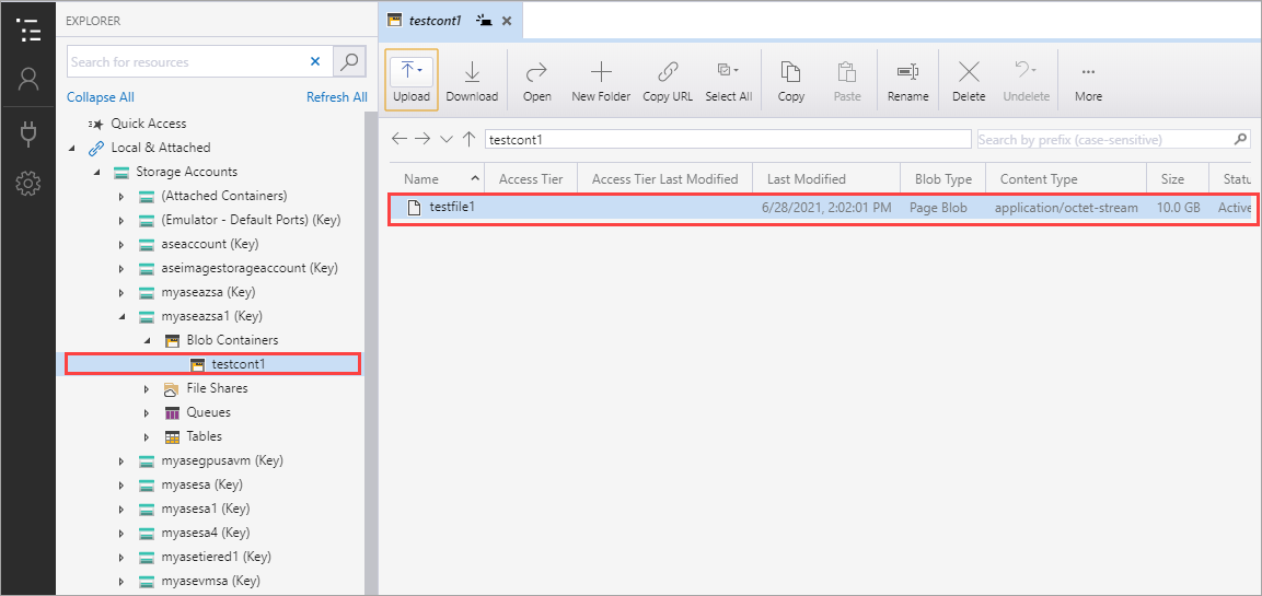 Storage Explorer showing the backup in the container in local storage account