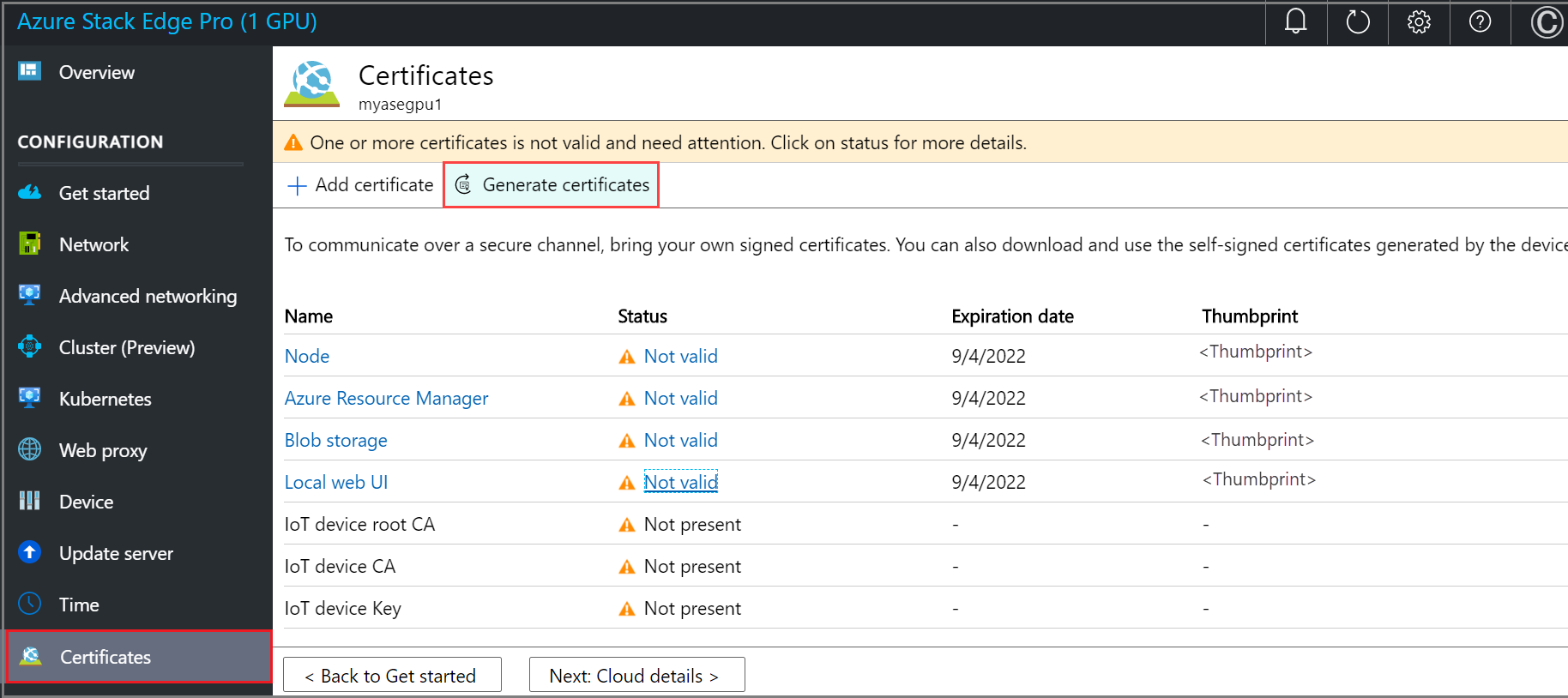 Screenshot of the Certificates page in the local web UI of an Azure Stack Edge device. The Generate Certificates button is highlighted.