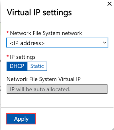 Local web UI "Cluster" page with "Virtual IP Settings" blade configured for NFS on first node