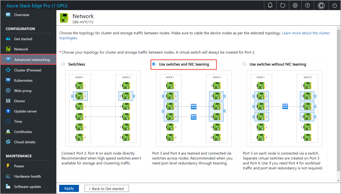 Local web UI "Network" page with "Use switches and NIC teaming" option selected on second node