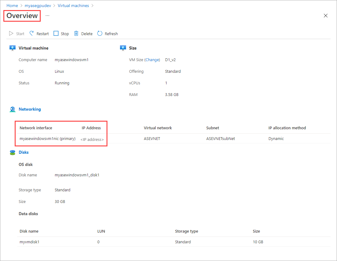 Screenshot that shows the Details tab on the Overview pane for a virtual machine in Azure Stack Edge. The Overview label and the IP Address in Networking are highlighted.