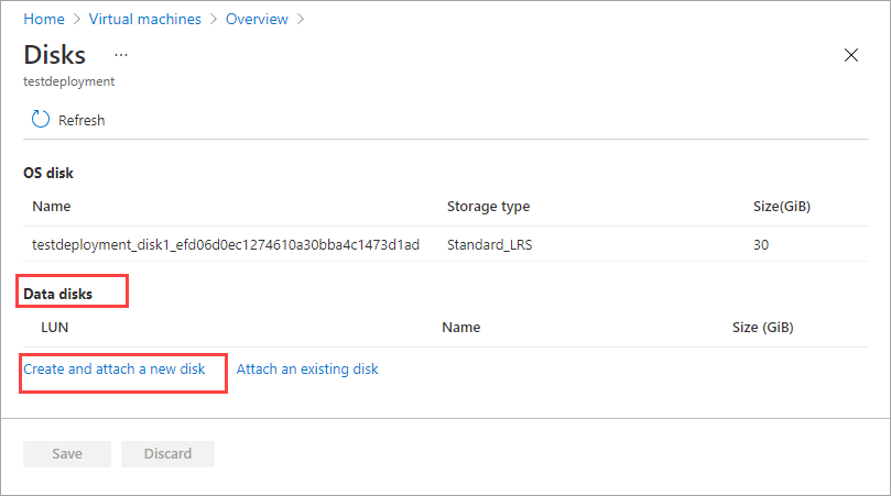 Screenshot of the Disks blade in Overview view for Virtual Machines. The Create and attach a new disk option, under Data disks, is highlighted.