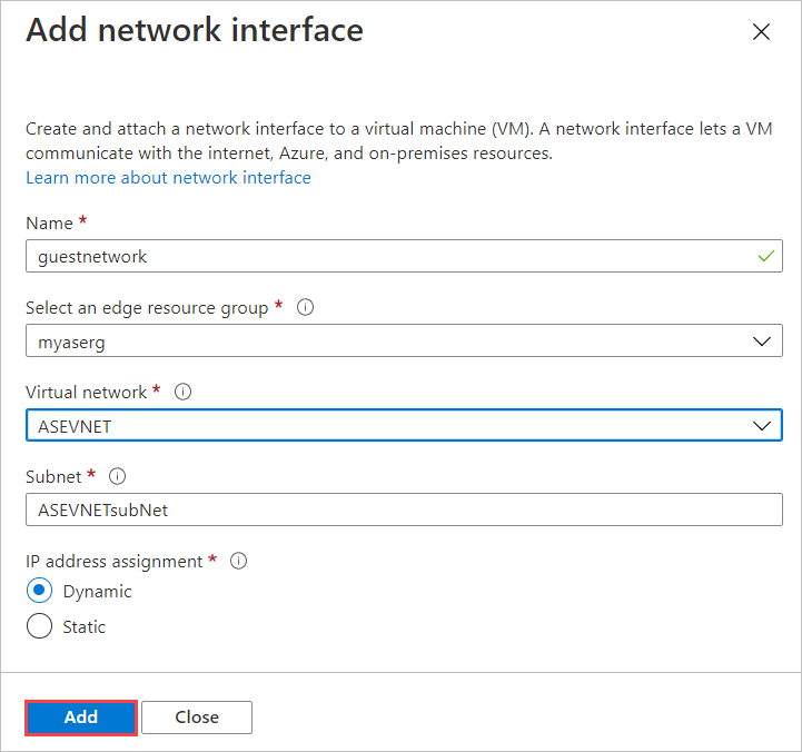 Screenshot showing the Add network interface blade for a virtual machine. The Add button is highlighted.