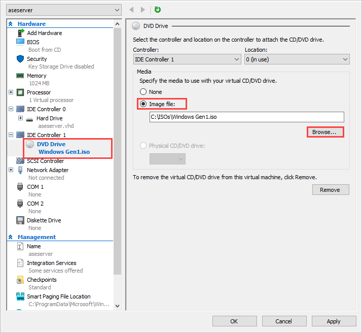 In DVD drive settings, select the image file for your VHD