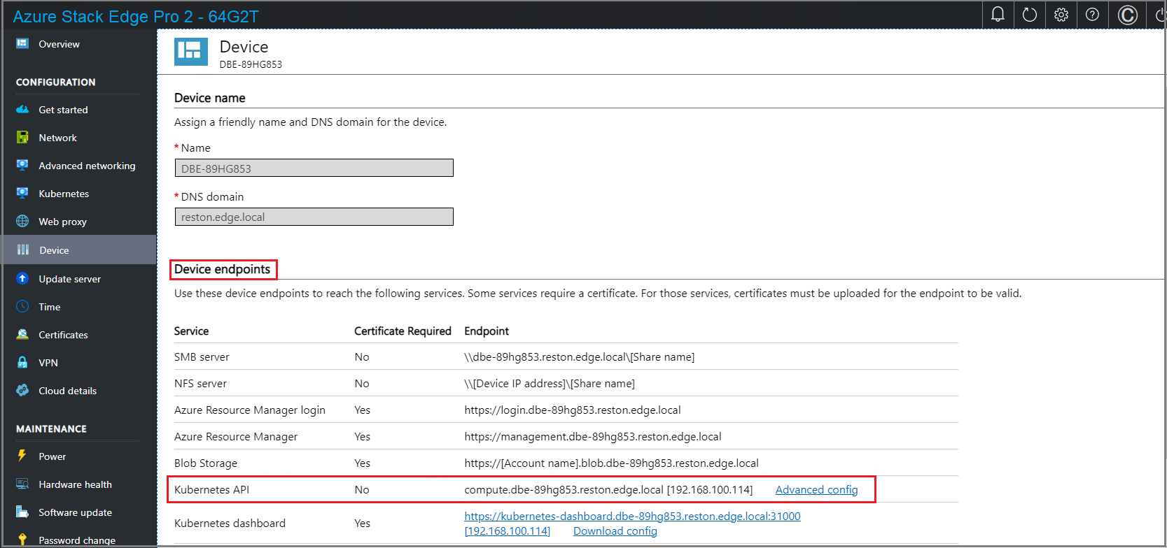 Screenshot that shows the device page in local UI 1.