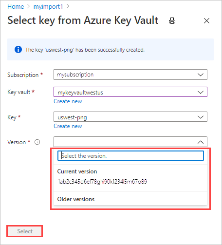 Select version for new key