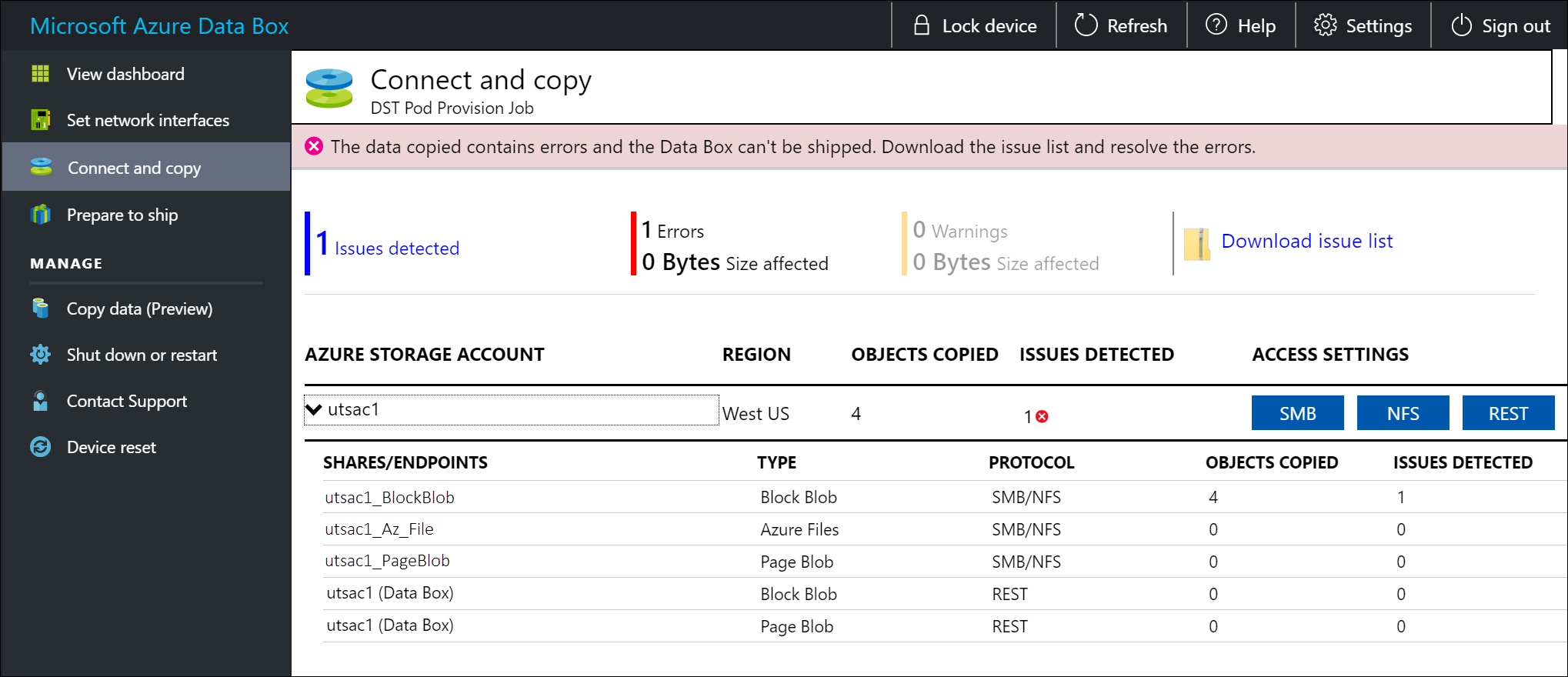 Download and view errors on Connect and copy