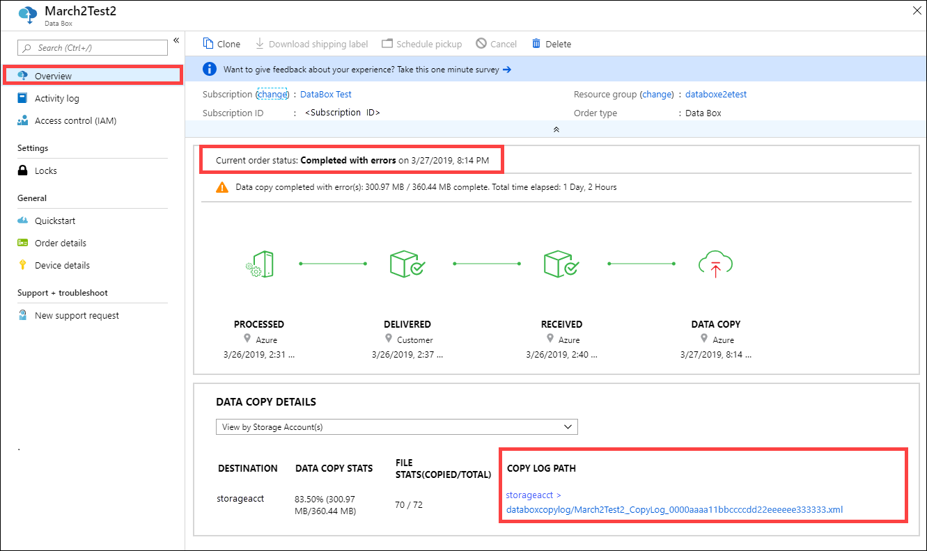 Path to copy log in Overview blade when completed with errors