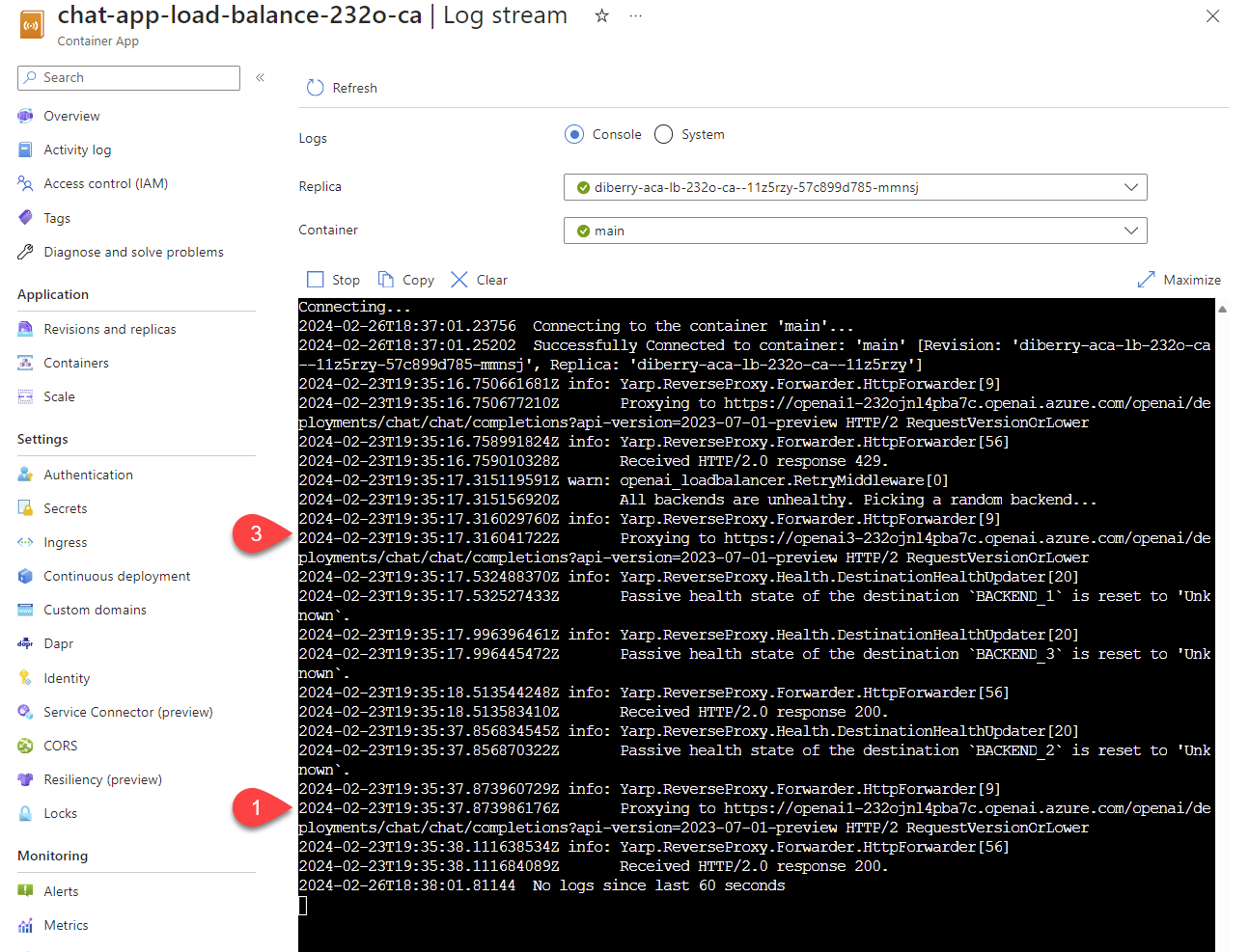 Screenshot that shows Azure Container Apps streaming logs with two log lines highlighted to demonstrate the log comments. 