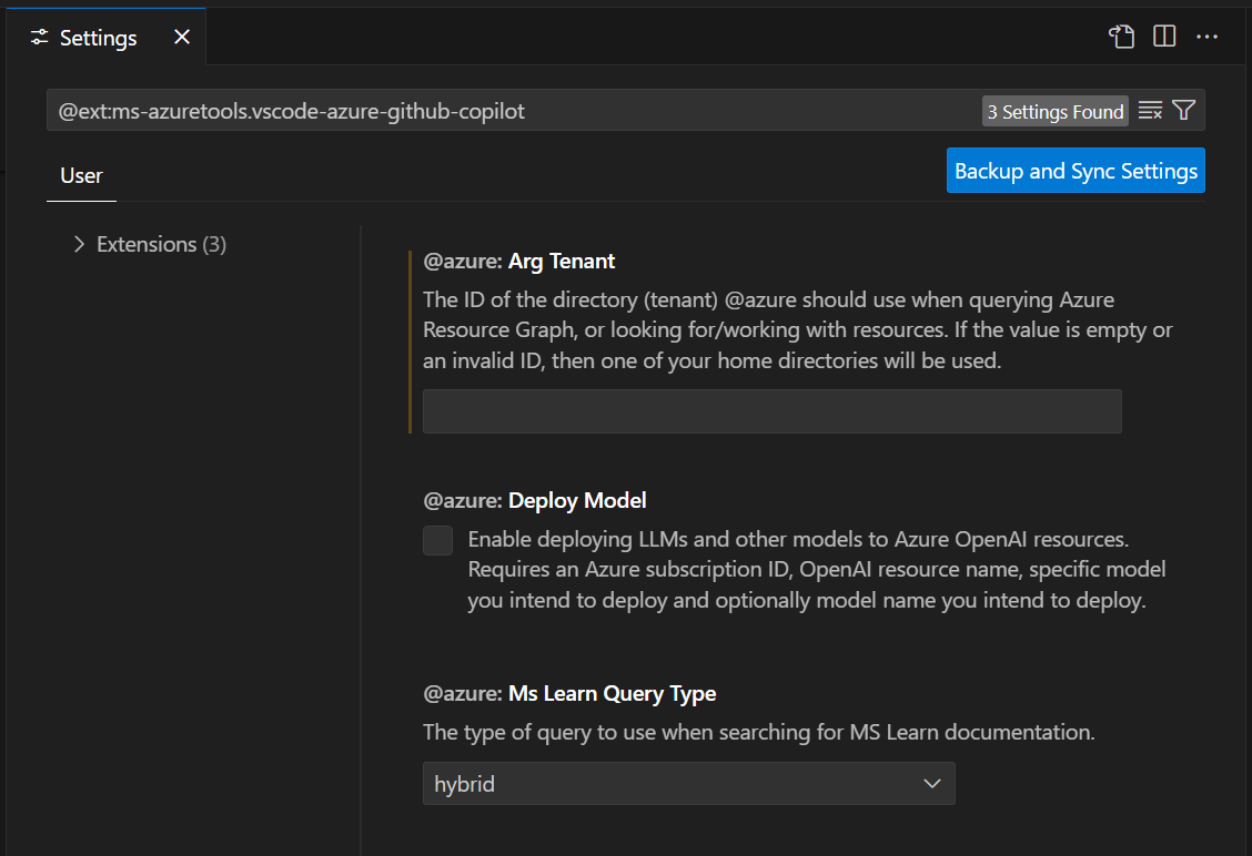 Screenshot that shows the Settings tab with an option to set the Azure Resource Graph tenant.