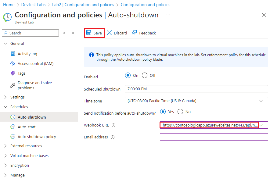 Screenshot showing pasting the webhook URL into the auto-shutdown settings.