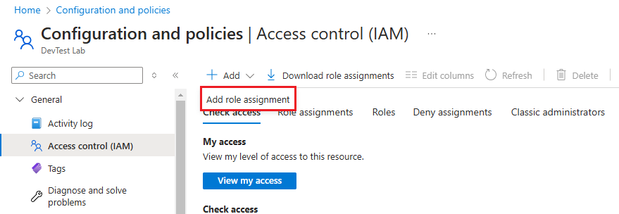 Screenshot of the Access control (IAM) page with the Add role assignment menu open.