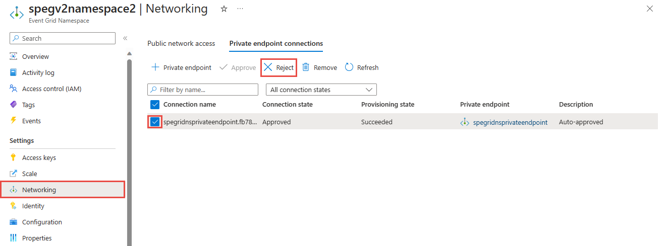 Screenshot showing the Private endpoint connection tab with Reject button selected (MQTT).