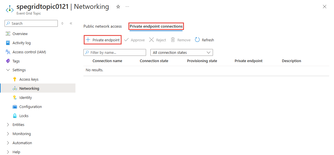 Screenshot showing the selection of + Private endpoint link on the Private endpoint connection tab.